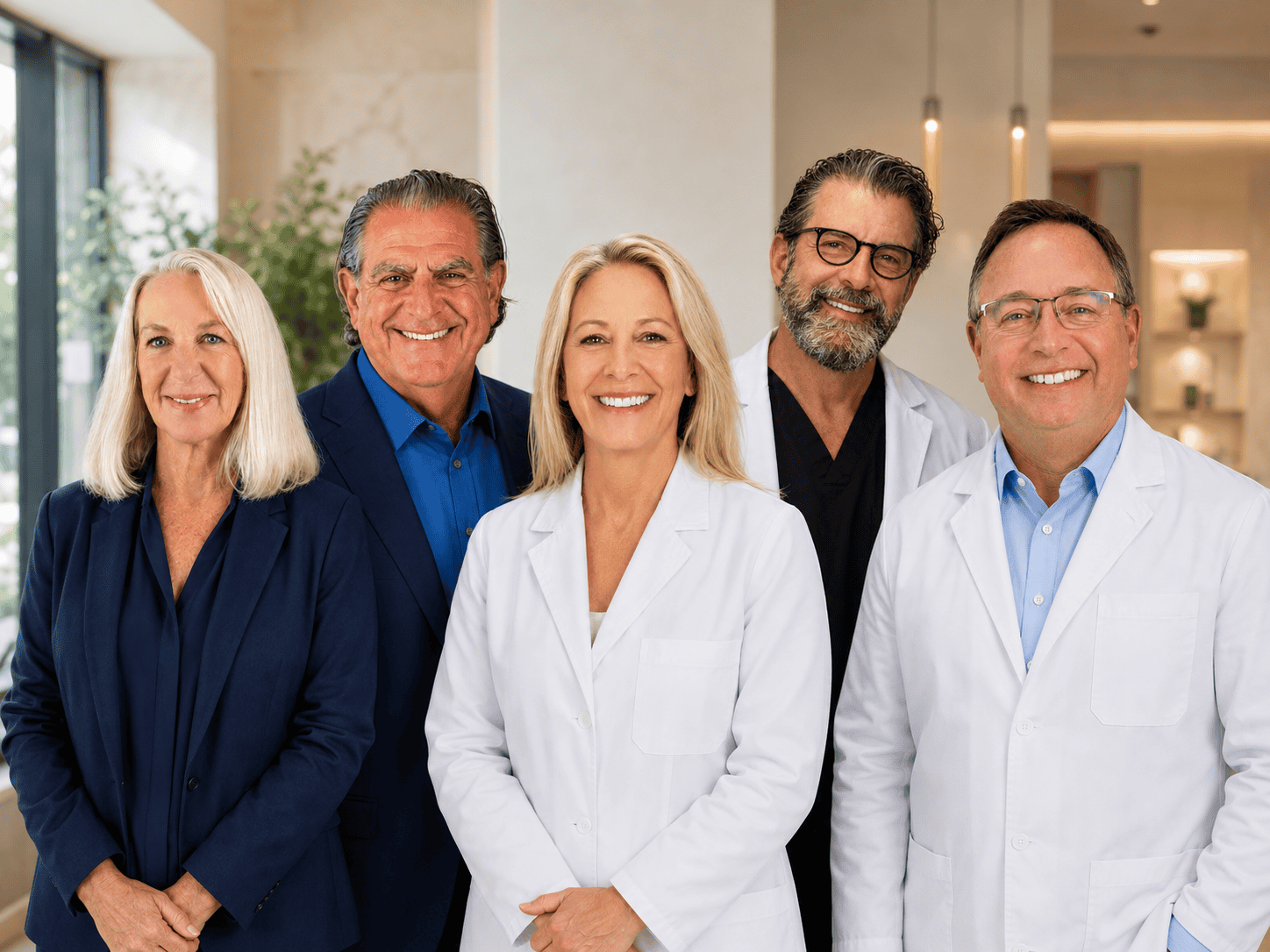 A diverse team of five healthcare professionals smiles together in a modern clinic setting, dressed in white coats.